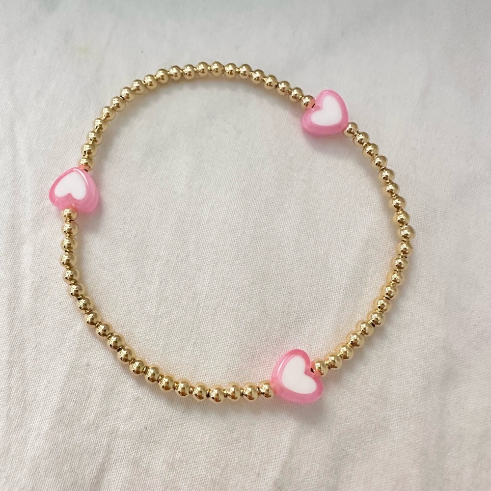 Preppy Pink Hearts Gold Beaded Bracelet 💕